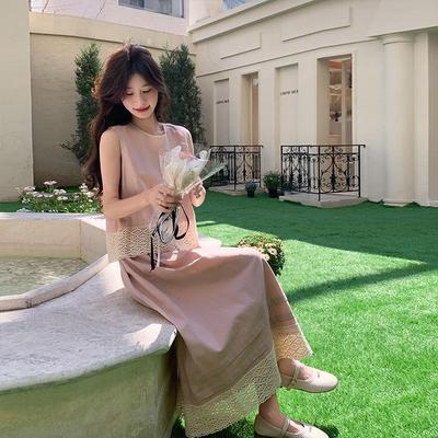 装粉色柔减龄蕾拼接背心套裙女夏丝法式温风气质半身裙两ZHAN21件
