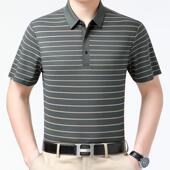 夏季 薄819 恤桑蚕丝冰感条纹大码 翻领袖 LN上半衣 袖 中年爸爸男短装