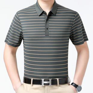 夏季 薄819 恤桑蚕丝冰感条纹大码 翻领袖 LN上半衣 袖 中年爸爸男短装