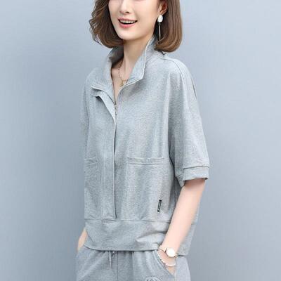 ZMA2199半链拉恤卫衣女夏新款半袖款立领中年妈短小个妈子棉上衣