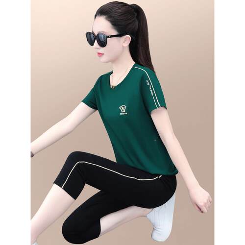 72165094运动服套装夏季新款洋气女显瘦裤圆领步短袖七分休闲跑两