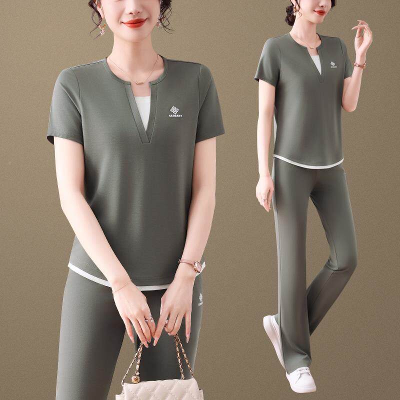 夏季中年女式运服套装女89826861两新款跑步动旅游妈妈短装袖恤件