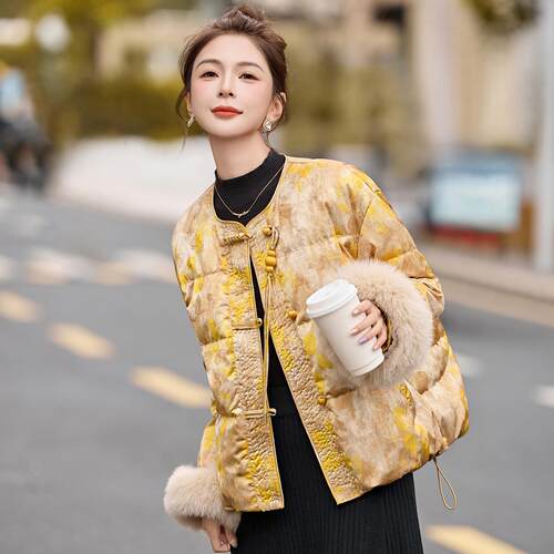 新中式国羽绒服女冬季高名级风ZYI817Q感外真狐狸毛媛白鸭绒复古