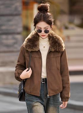 棉加绒加保暖绵羊8957-W6皮短款外套女秋冬新质款厚复古气百搭服