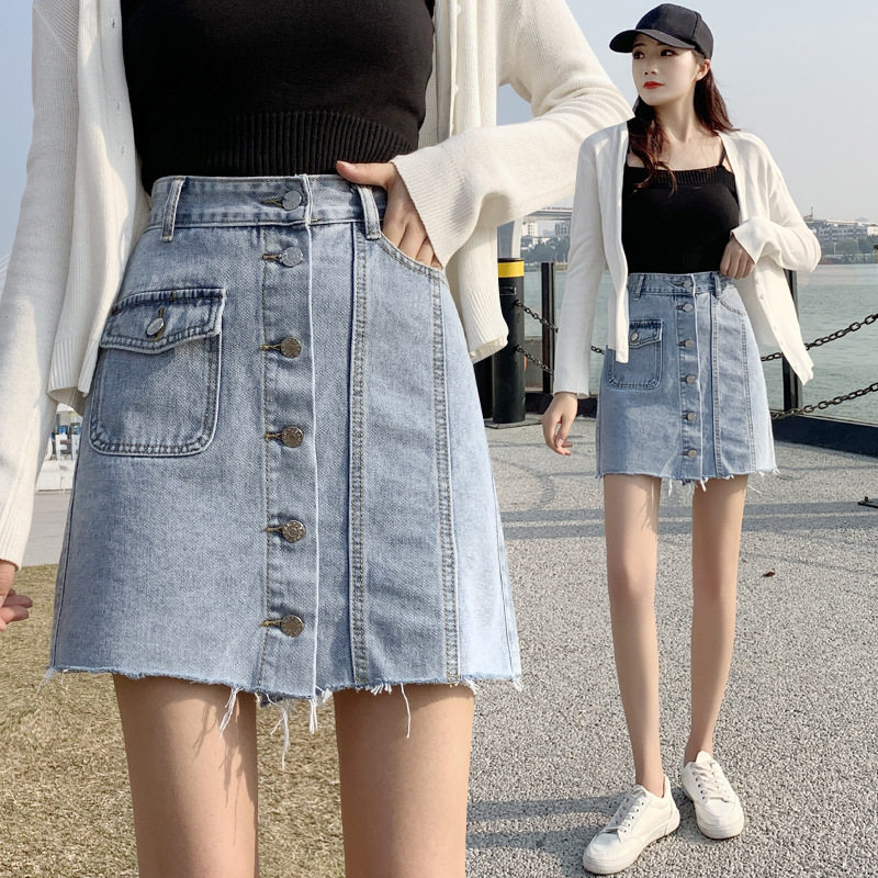 新款 2021韩版单排扣牛仔半身裙百搭修身显瘦高腰A字短裙夏女在类目 女装/女士精品, 半身裙中 - 来自Buy2taobao.com提供专业的淘宝代购服务