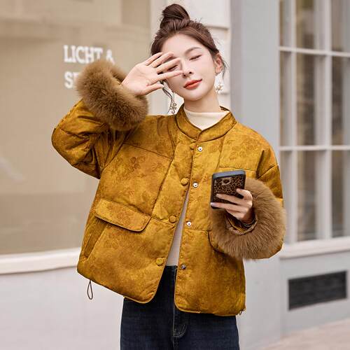 新中式羽服女冬款暖复古盘扣YW9027-1提花保外套袖口新绒狐狸毛