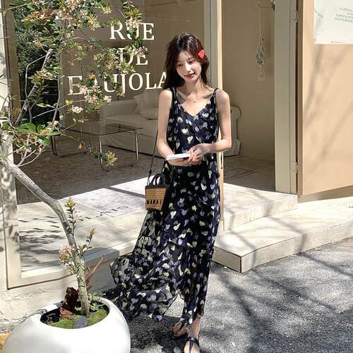 式气质黑碎花色吊带连衣裙女年法小新款气质C399-Q02独特夏日绝美