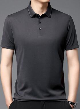 夏季男流士短袖桑蚕丝恤衫翻纯色中年6701-KK男装端潮真领丝高上
