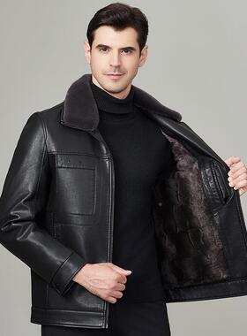 冬季新款男保士真皮衣厚款皮夹克暖绵2323-A毛皮羊皮翻领羊羔绒内
