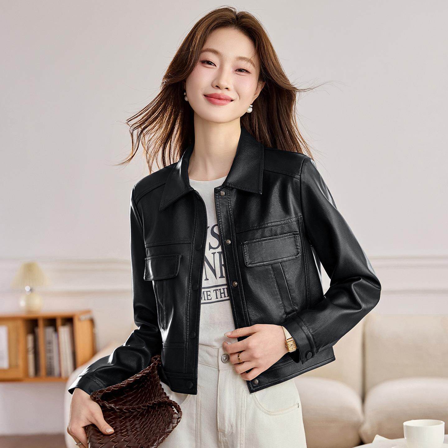 时尚机时车服皮克纯色上衣女皮春新款尚直筒夹衣YG83030-外套