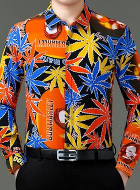 新款中男士长2531-LL袖衬衫中老丝年爸爸装商务休秋闲光棉年碎花