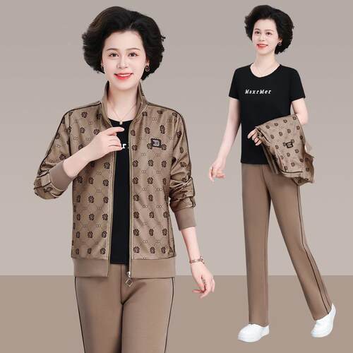 妈82041811套装春秋新中老年款秋女外套中年上衣大码装洋气三件妈