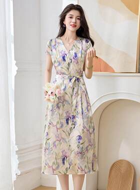A2508-0杭州真丝连裙新款季印花系带收腰显瘦女士夏裙领衣子
