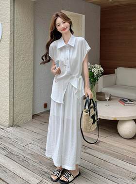 法式慵懒C056-727风系带短袖衬阔腿裤套装穿女夏职场新贵风姐衫感