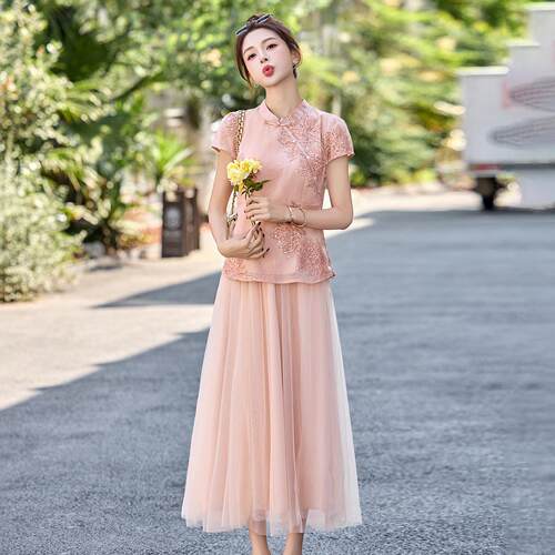 新ZAI66678中裙式轻国风套装连衣女夏新款级感小两个子刺绣套件裙
