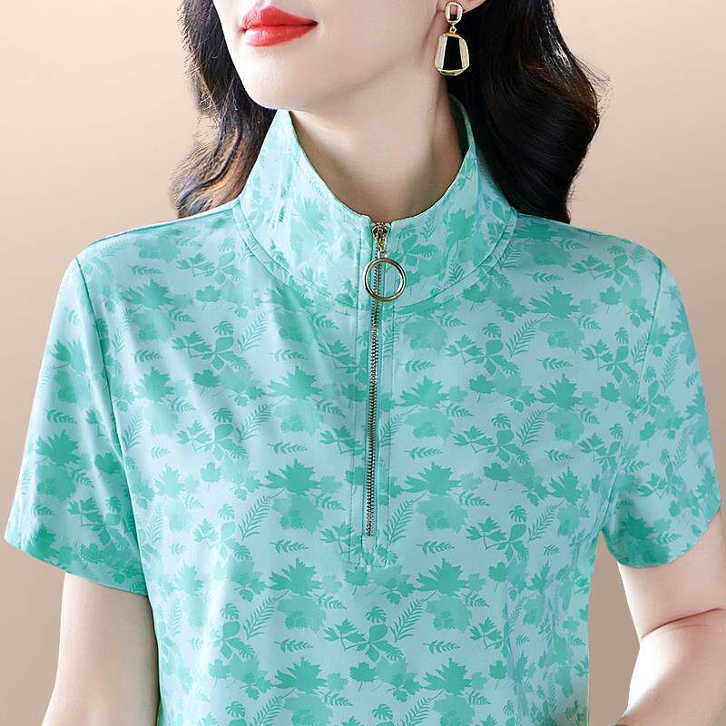 色短袖恤女减夏新花款8980512时尚气洋薄款立领妈妈龄显瘦女士上