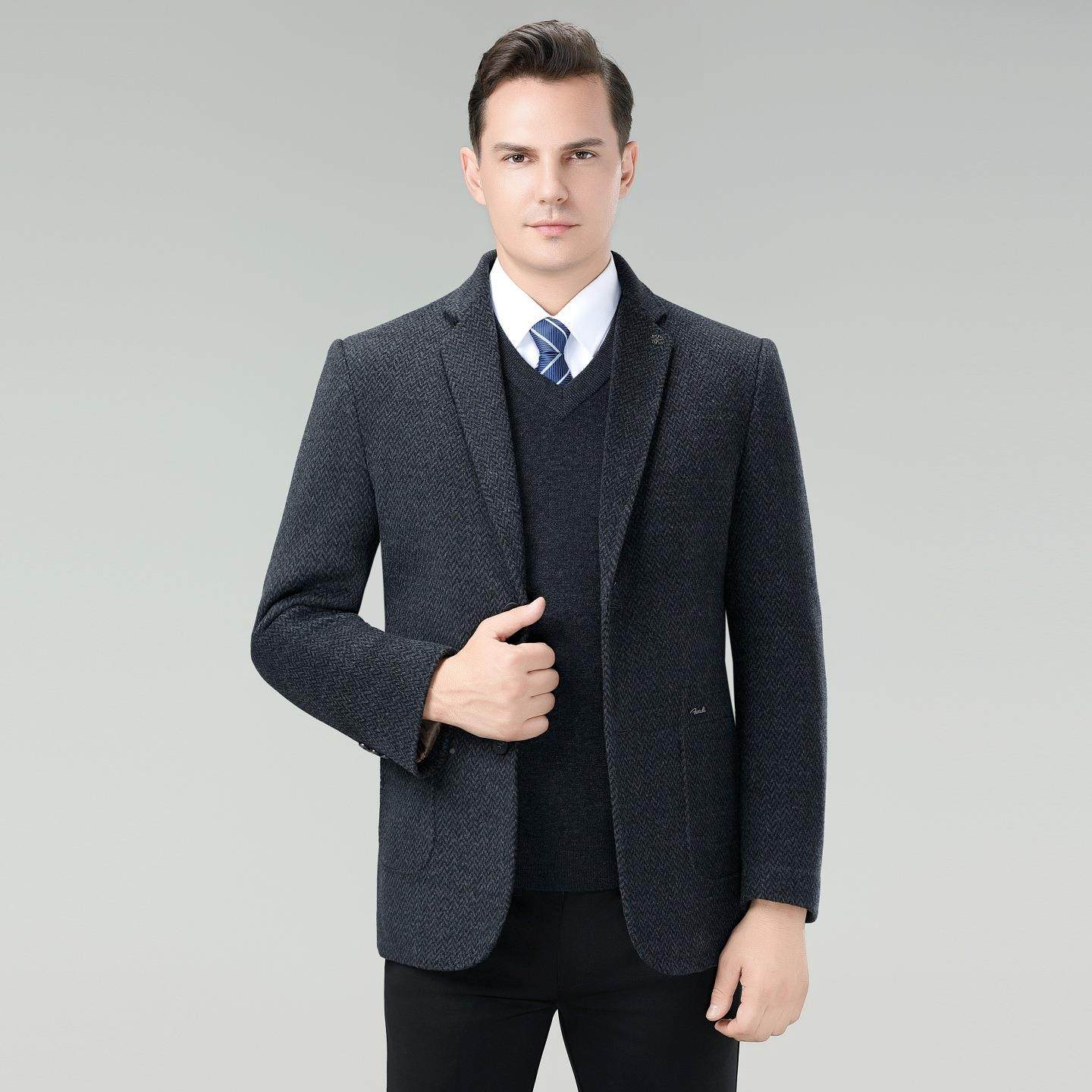 双外面2619-F呢羊毛大衣男士西装领可卸内胆羽绒码服加大爸厚爸装