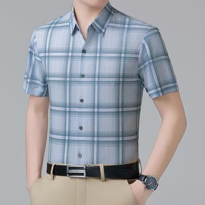 桑蚕丝季短袖衬衫男服商务正装年夏子免烫抗皱格工作免烫K25-6900