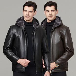 连帽皮衣225 加绒大码 A可男冬季 年中老装 皮毛一体皮衣男新 款 男士