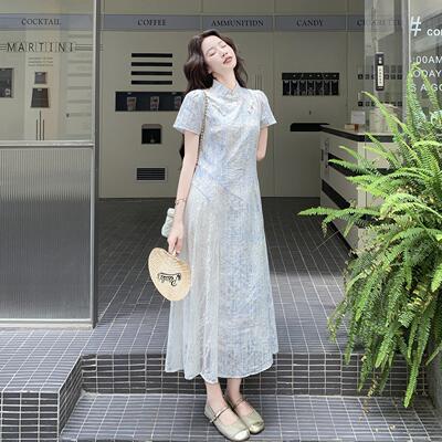 蓝色晕显染新中改良袍连衣裙女新款夏旗D028-161气质式蕾丝拼接瘦