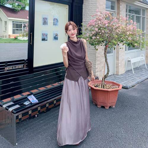 法古不规收腰无袖系带上衣褶C006-E33式皱则半身裙复套装女夏季显