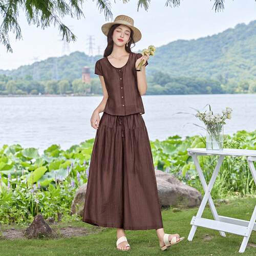 时尚套装女季款洋气YX86548-国阔风盘扣衬衫腿夏裤两新件套裤