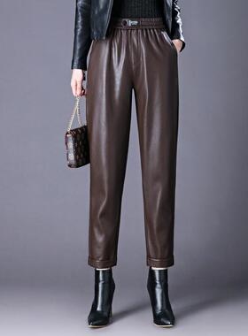 新款真E62367皮皮女高腰宽松瘦哈松紧腰海显宁绵伦羊皮九分裤休闲