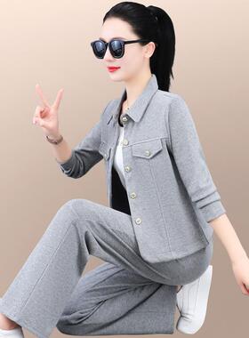 休58-6813闲套装女春秋新款宽松洋气质两妈妈领翻卫衣运跑步服动