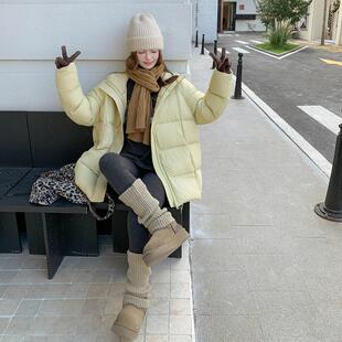 黄色芙羽绒服女冬季中新ZZB27款白长款针织拼接小个子鸭泡绒外套