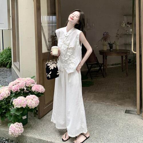 白C061-611新中式级感套装高女士初夏新款立体绣花色腿马甲阔裤两