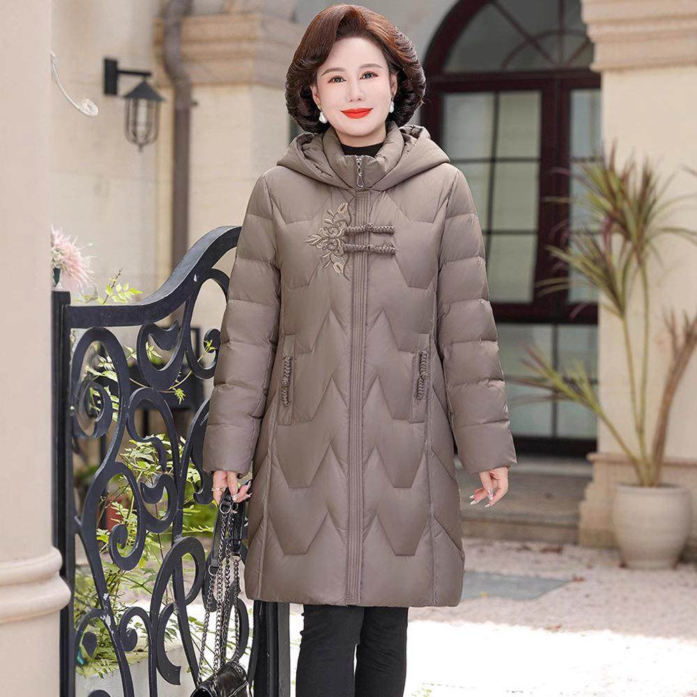 正品膝羽绒暖服女年加厚标白鸭国绒中年妈118-8813妈女过保连帽外
