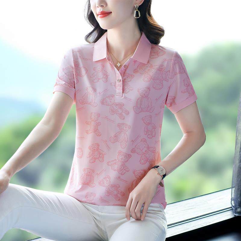 冰新丝短印袖恤女夏装洋气妈8980598款妈花衫宽松翻领上衣大码