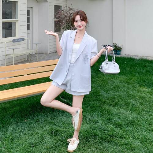 浅灰短色女袖C399-Q39西装外屁套蕾丝帘阔腿裤套装春夏新款显瘦两