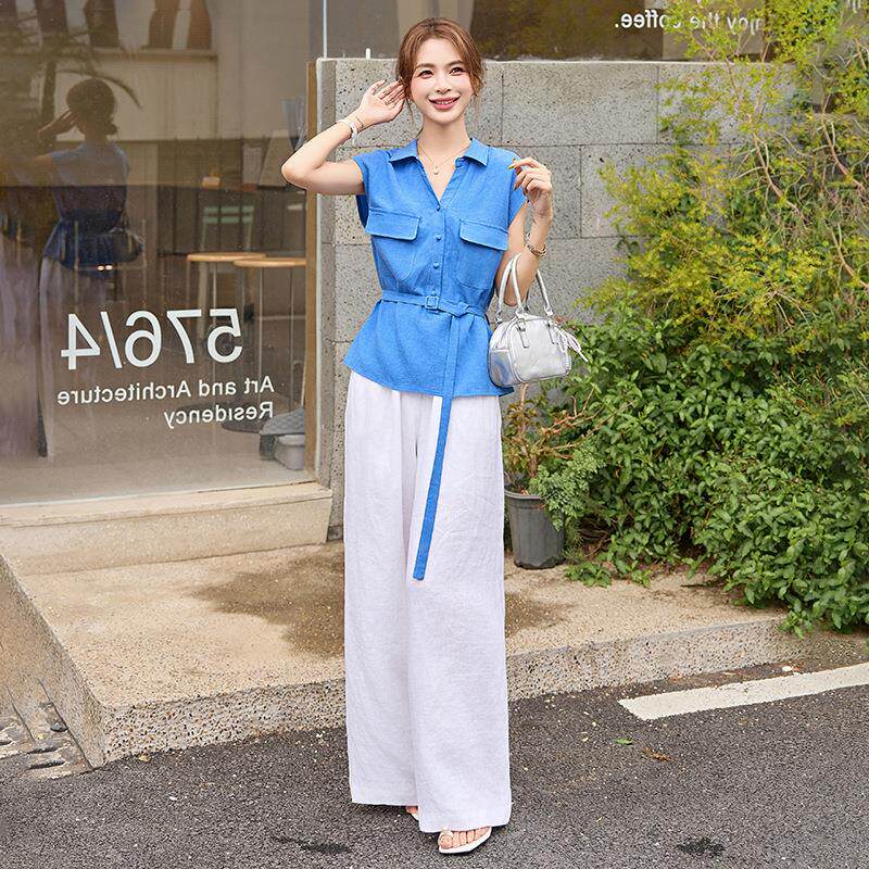 季新时尚套装女显瘦百搭衫无袖衬女AH6666-阔服夏裤款两件套