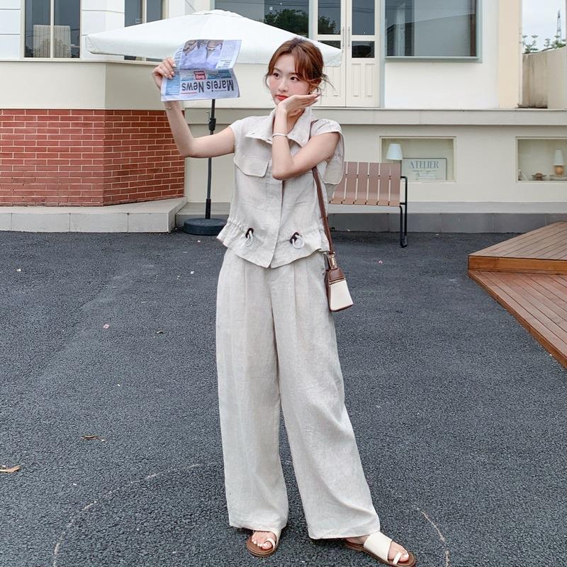 盐系穿搭弛风休闲套装女夏新款工装季马C050-11甲件阔松腿裤两套