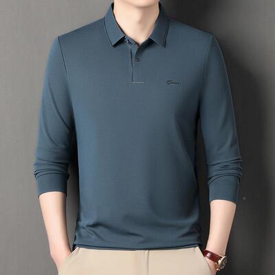 爸爸士条纹长袖年潮88822品中牌春秋男闲恤中老年衫休男装丝光棉