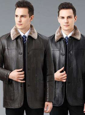 冬新真皮皮男皮衣款皮领毛一体加衣绒加厚绵羊外皮休闲翻皮夹克爸