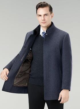 冬季脱可卸羽绒内胆男士双面羊绒毛呢子2312-C衣风外套呢中年毛大