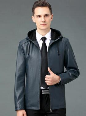 海宁士皮衣秋冬尚季款连帽青中年G2226-KJ夹克衫时休闲爸男新爸装