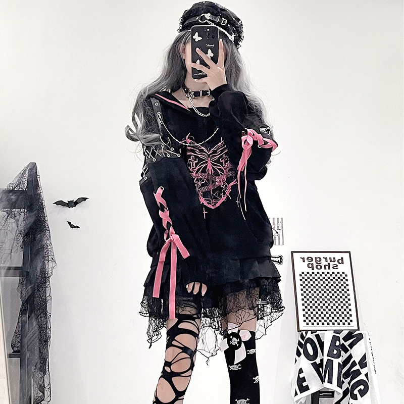 原创蝴蝶学院风暗黑亚文化少女宽松长袖海军领卫衣外套百褶裙套装