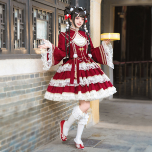 op连衣裙 原创国牌秋冬lolita烟火年年中华风短斗篷新年红战袍长袖