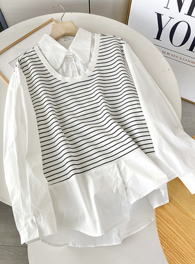 档口清仓 韩版假两件条纹拼接宽松长袖衬衫 上衣女