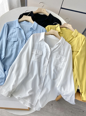 档口清仓 韩版V领双口袋长袖宽松衬衫 上衣女