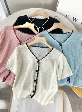 档口清仓 韩版V领薄款针织衫 短袖T恤 上衣