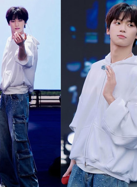 梓渝音乐节彩排同款白色连帽卫衣宽松百搭情侣男女拉链外套25秋冬