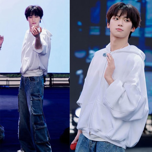 梓渝音乐节彩排同款 白色连帽卫衣宽松百搭情侣男女拉链外套25秋冬