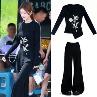 裤 开叉玫瑰花吊带马甲喇叭西装 黑色针织衫 许我耀眼许妍赵露思同款