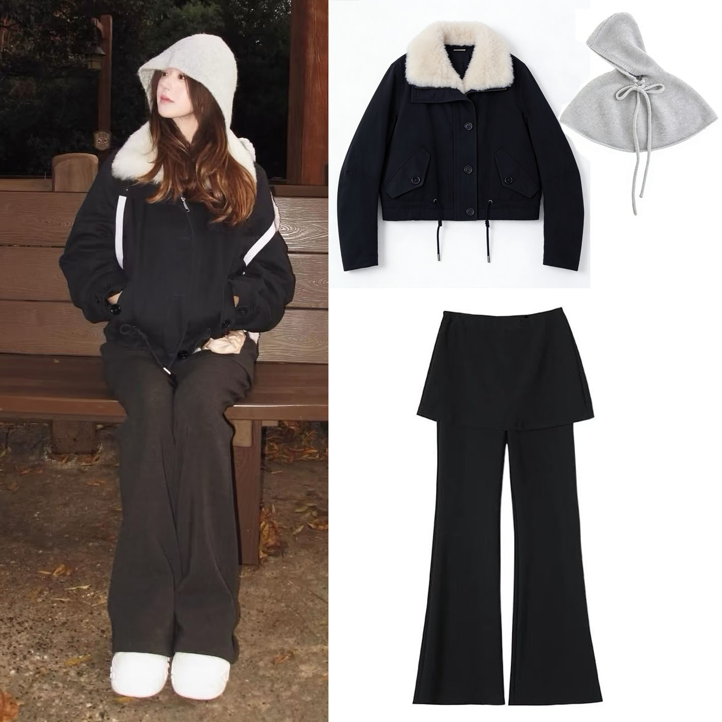 赵露思同款派克服宽松保暖外套披肩连帽斗篷假两件屁帘微喇叭裤子