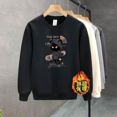 冬季新款加绒卫衣男士美式潮牌宽松圆领无帽情侣套头加厚上衣外套