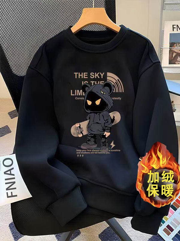 เสื้อสเวตเตอร์คอกลมหนาแบรนด์อินเทรนด์ของอเมริกันสำหรับผู้ชาย ฤดูหนาวอินเทรนด์คู่หลวมคลุมด้วยผ้าลำลองบวกแจ็คเก็ตแขนยาวกำมะหยี่